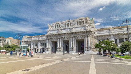 Fototapeta na wymiar Front view of Milan antique central railway station timelapse hyperlapse.