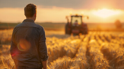 A farmer stands in the middle of his wheat field and looks at a tractor. - 797773458