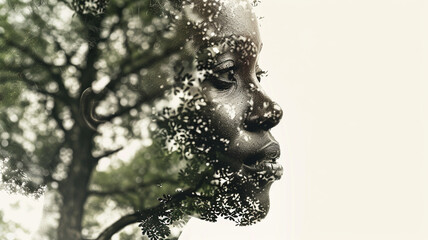 A double exposure portrait of an African American woman's face and the trees - 797773463