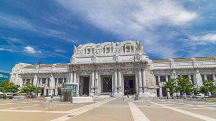 Front view of Milan antique central railway station timelapse hyperlapse.