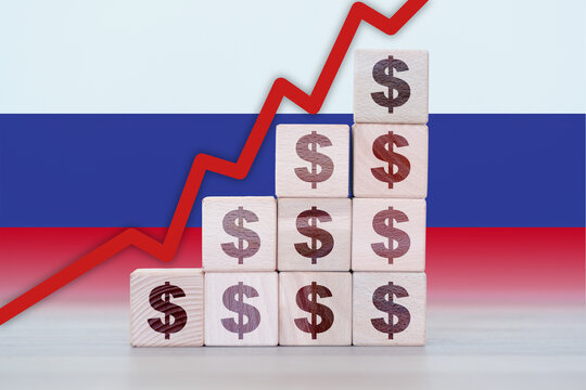 Russia economic collapse, increasing values with cubes, financial decline, crisis and downgrade concept
