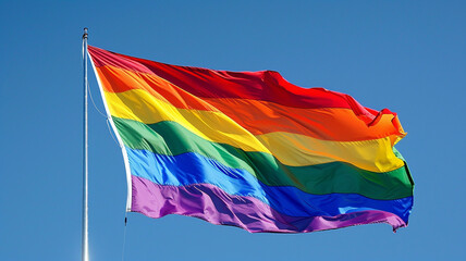 A pride rainbow flag waving in the wind against a clear blue sky - 797773632