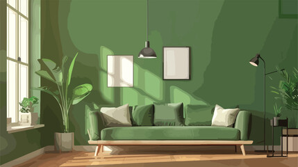 Interior of modern living room with green wall Vector
