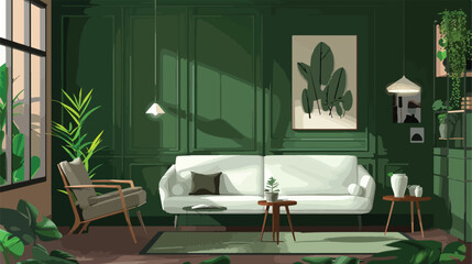 Interior of modern living room with green wall Vector