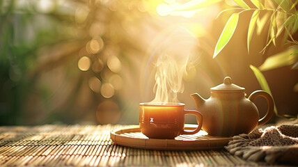 A steaming cup of green tea and an earthen teapot on bamboo plates. - 797773815
