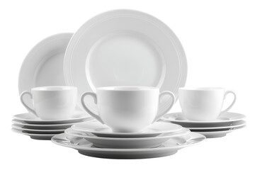 A graceful white porcelain set of dishes, cups, and saucers arranged elegantly