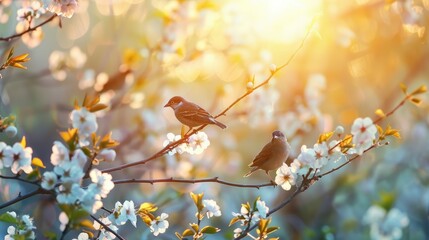Flock of birds are singing happily on the branches of a tree with spring flower blossoms and sun light , spring season background, Generative Ai - obrazy, fototapety, plakaty