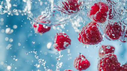 Fototapeta premium Red Raspberries Falls under Water with a Splash