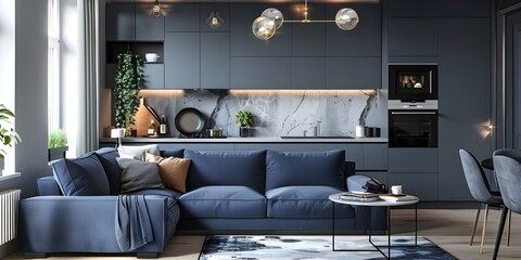  Modern blue couch in cozy living space with kitchen.