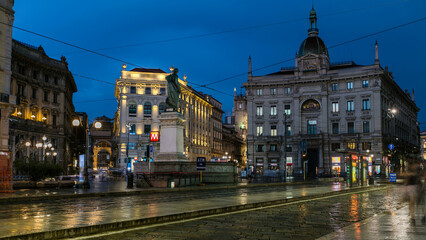 Cordusio Square and Dante street with surrounding palaces, houses and buildings day to night...