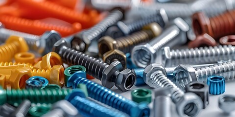 A close-up of various screws and nuts, showcasing their different shapes and sizes.