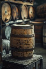 A solitary aged wooden barrel in a dimly lit wine cellar, evoking a sense of history and the aging process of wine. Concept for storage, winery, wine production