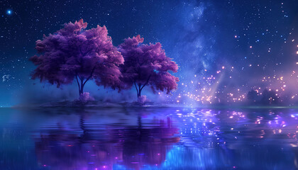 Mystical Cherry Blossom Tree by Night Lake and Reflecting in the calm water with soft fog