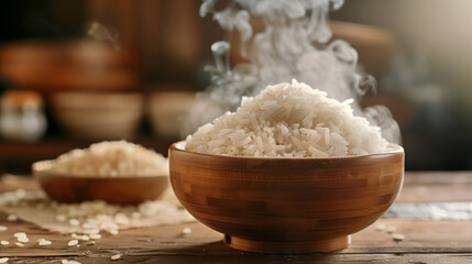 Steaming rice, rice is cooked, retro or old style.