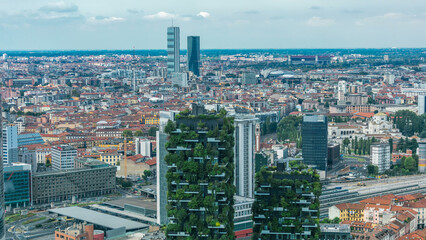 Milan aerial view of modern towers and skyscrapers and the Garibaldi railway station in the business district timelapse
