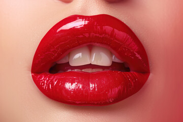 Obraz premium Sexy Lips, Glossy Red Lipstick, Generative AI