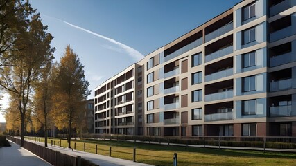 Modern residential apartment building with balconies against blue sky. Facade of new block of flats. Ai Generative.