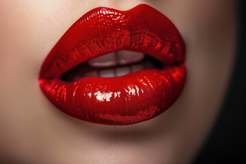 Obraz premium Sexy Lips, Glossy Red Lipstick, Generative AI