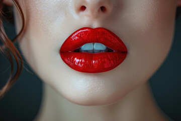 Obraz premium Sexy Lips, Glossy Red Lipstick, Generative AI