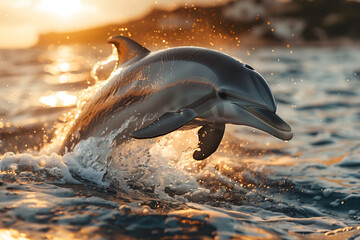 dolphin jumping out of water - obrazy, fototapety, plakaty