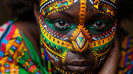 African woman with her face painted in the style of African tribal designs - 797774672