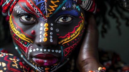 African woman with her face painted in the style of African tribal designs - 797774696