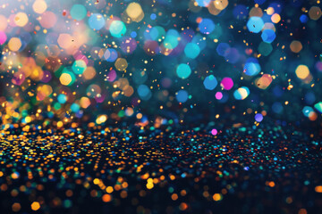 Fototapeta na wymiar Sparkling glitter confetti in vibrant colors, scattered against a dark background. Glitter confetti textures offer a festive and celebratory backdrop