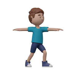 A cartoon boy is doing a yoga pose. 3d render