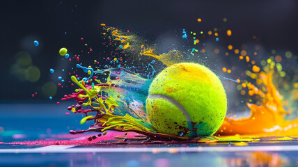 Tennis ball explosion with colorful paint splash - 797775044