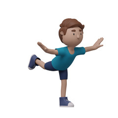 A cartoon boy is doing a yoga pose. 3d render