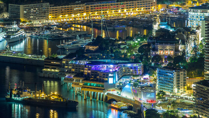 Aerial top view of Monaco from the grand corniche road night timelapse, Monaco France