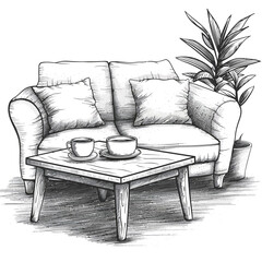 Illustration of a wooden table with a coffee cup and a plant