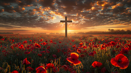 The cross in the midst. Field of red poppies at sunrise - 797775223
