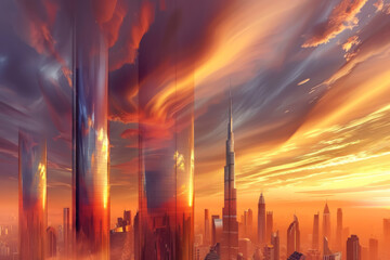Surreal Cityscape at Sunset with Dynamic Skies Reflecting off Modern Skyscrapers.
