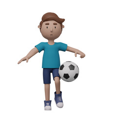 A boy in a blue shirt is kicking a soccer ball.