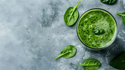 Detox spinach smoothie in a tall glass on white slate, stone or concrete background. Top view with copy space.