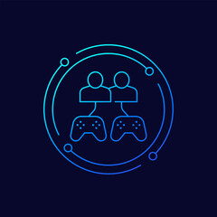 gamers icon with gamepads and players, linear design