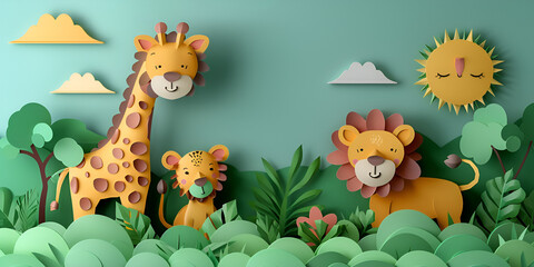 Paper Sculpture Jungle Animals - Lion and Giraffe - Transform a Green and Blue Wall