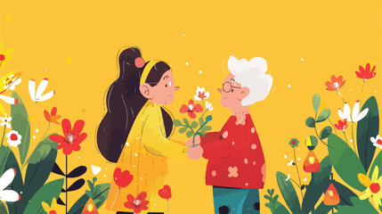 Little girl greeting her grandmother with flowers on