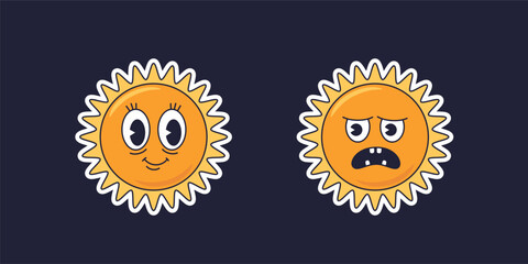 sun with happy and sad face, vintage cartoon character, vector stickers on dark