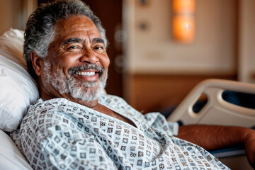 Happy latin senior man recovering in the hospital bed. Copy space