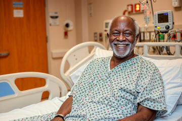 Happy african american senior man recovering in the hospital bed. Copy space