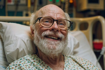 Headshot of a Happy old man in the hospital bed. Copy space