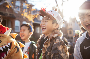 A group of children in costumes, smiling and laughing as they walk down the street during Halloween in an American suburban neighborhood