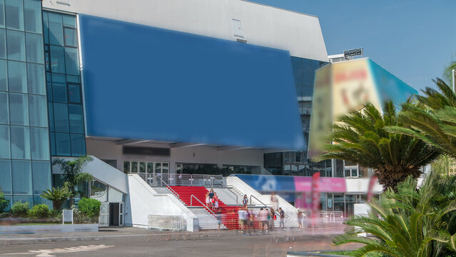 Red carpet stairway at Palais des Festivals et des Congres timelapse in Cannes, France.