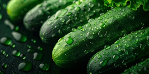 Fresh cucumbers decorated with shiny drops. Macro photography, generated with AI