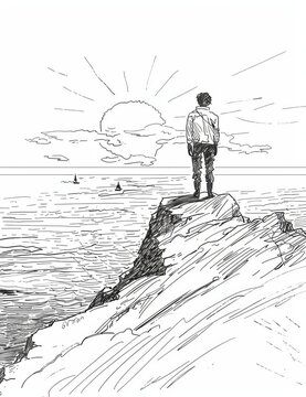 10 years old american kid is standing on top of a mountain, looking out over a vast ocean that stretches beyond the horizon. As the simetrical sun sets, the sky is painted Below, yo, generated with AI