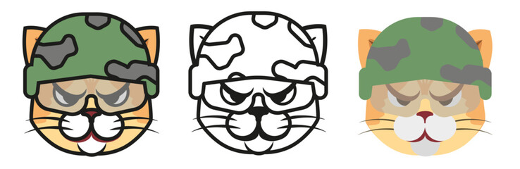 Military cat. Character in camouflage. Serious animal soldier in military uniform.