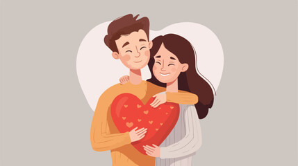 Loving young couple holding fabric heart on grey background