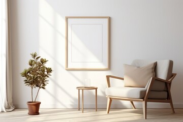 White poster with a plant and chair in a living room  furniture armchair pillow.